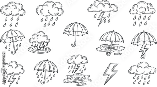 Hand-drawn vector illustration set featuring various weather icons, including rain, thunder, and umbrellas for creative projects