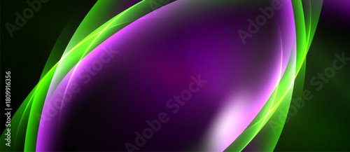 Abstract design features flowing curves, vibrant purple, green hues. Smooth gradients create dynamic visual effect. Dark background emphasizes luminosity.