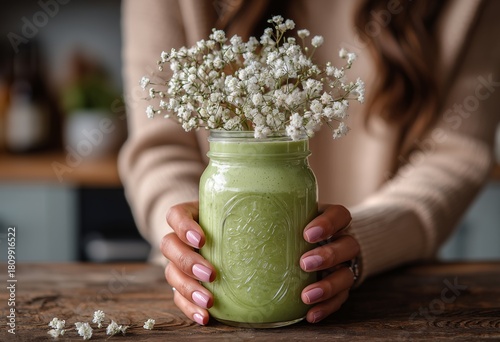 Hands Holding a Green Smoothie Jar With Flowers on a Wooden Table in a Cozy K...