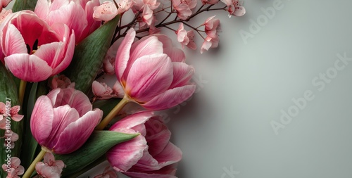 Bright Pink Tulips and Delicate Flowers Arranged Beautifully on a Light Backg...