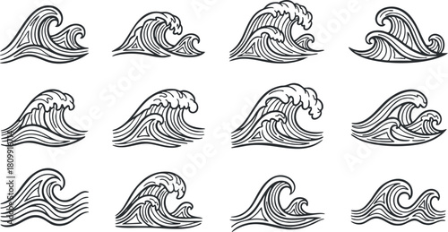 Stylized black and white vector illustration set of various wave designs, perfect for ocean-themed projects and branding.