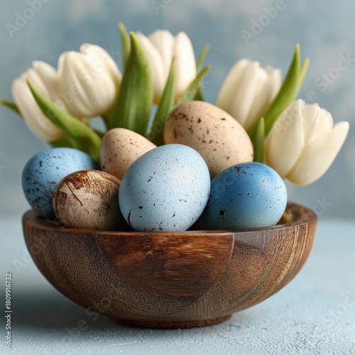 Colorful Easter Eggs Arranged With White Tulips in a Wooden Bowl on a Blue Ba...