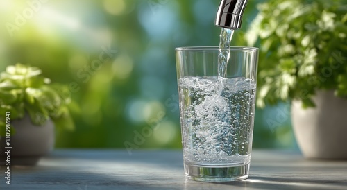 Fresh Water Flows Into a Clear Glass Next to Lush Green Plants in Bright Sunl...
