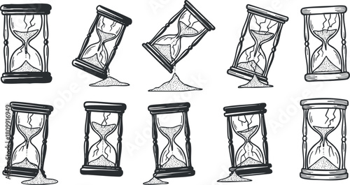 Vintage black and white vector illustration set of hourglasses representing time, timing concepts, and measurement for design projects.