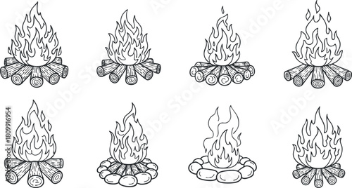 Outline vector illustration set of campfires with flames and logs, perfect for outdoor and camping themes