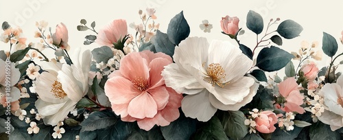 Floral Arrangement Featuring Soft Pink and White Flowers With Delicate Leaves...