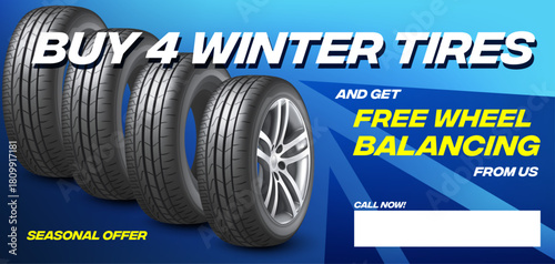 Car tires shop banner with discount offer, blue background. Euro flyer template for winter wheels sale promotion, sporty clean design, automotive service ad, layered and ready for printing