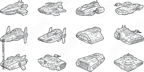Outline vector illustration set of futuristic spaceships and spacecraft designs for science fiction and technology themes