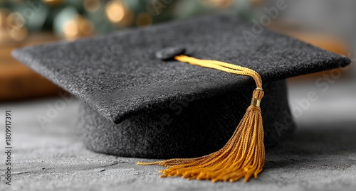 Graduation Cap With a Gold Tassel Resting on a Simple Gray Background