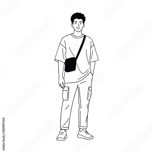 Minimal line art illustration of a young man wearing cargo pants and crossbody bag