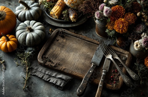 Rustic Autumn Table Setting With Seasonal Decorations and Tools for Harvest C...