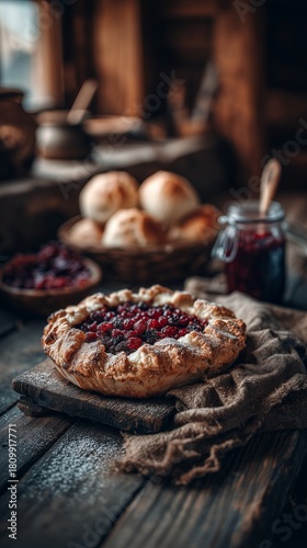 Fresh Baked Pie With Red Berries and Bread Rolls on Rustic Table in Cozy Kitc...