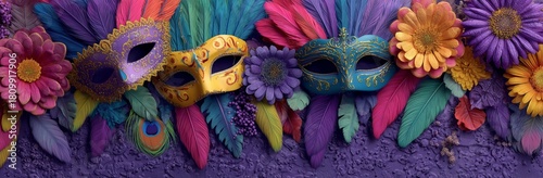 Colorful Masks With Flowers Display for Festive Celebration During Carnival S...