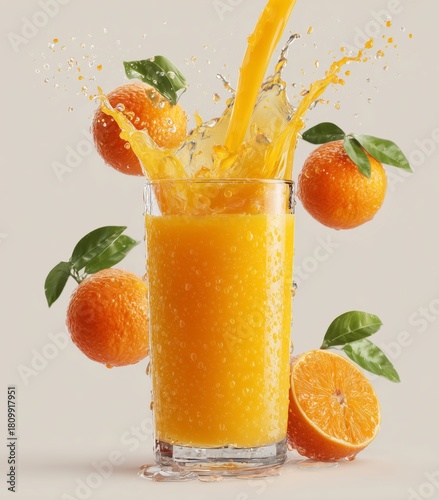 Fresh Orange Juice Splashing Into a Glass Surrounded by Oranges and Leaves
