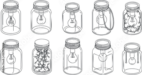 Outline vector illustration set of various jars and bottles featuring unique designs for creative projects and home decor