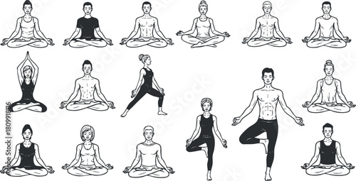 Collection of minimalist vector illustrations depicting various yoga poses and meditation styles for wellness and fitness projects
