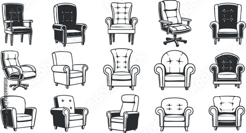 Vector illustration set of various chair designs, showcasing different styles and shapes for interior decoration and furniture projects
