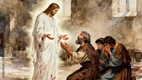 Animated watercolor of the resurrected Jesus Christ appearing to his disciples. Biblical scene of Jesus showing his wounds to a kneeling man in an ancient room. Christian Easter concept