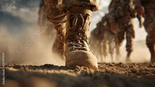 Close up cinematic view of soldiers marching in formation