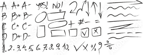 Hand- Drawn School Grades, Numbers, and Symbols on White hand drawn letters