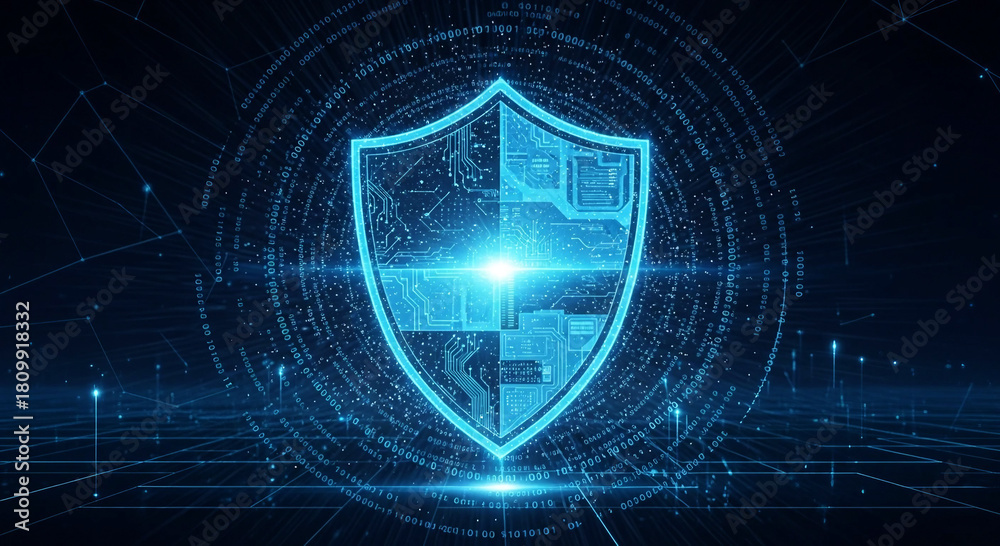 Obraz premium Digital Cyber Security Shield with Binary Code and Network Connections cybersecurity