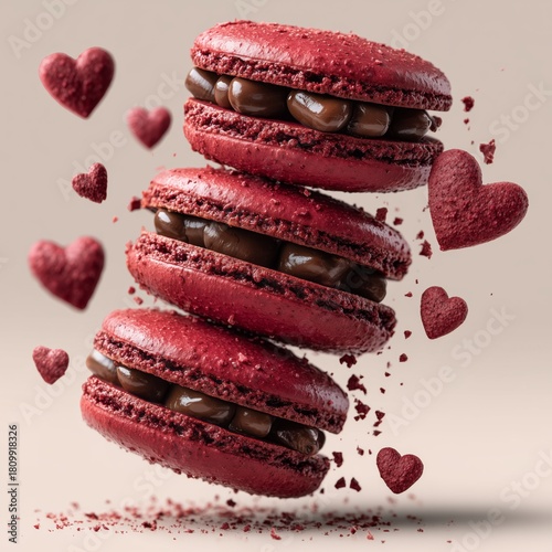 Delicious Red Macarons With Chocolate Filling Floating Among Heart Shapes