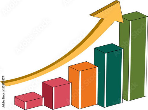 Colorful bar graph with a golden arrow pointing upwards, signifying business growth and financial success, isolated on a transparent background.