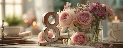 Beautiful Floral Arrangement Featuring a Wooden Number Eight on a Rustic Table