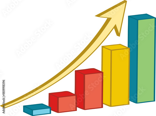 High-quality vector of a colorful bar graph with a golden arrow, showcasing business growth and financial success, isolated.