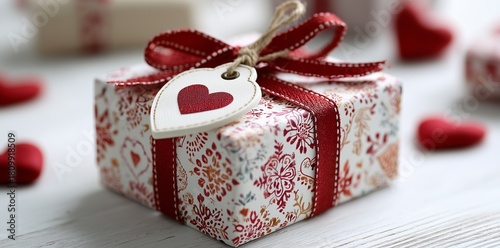 Gift Wrapped in Heart Design With Red Ribbon and Tag on a Textured Surface