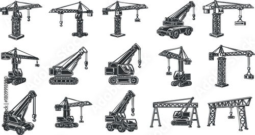 Vector icon set featuring various types of cranes in a clean black and white style for industrial and construction design projects