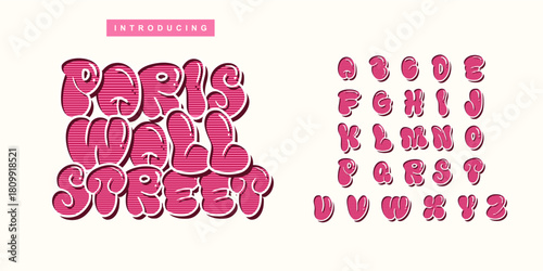 Graffiti Bubble Alphabet Font – Original Hand-Drawn Artwork. Uppercase typography suitable for street art, digital designs, vector illustration of a pink background with text