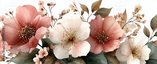 Floral Arrangement Featuring Soft Pink and White Flowers With Delicate Leaves...