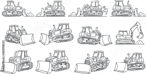 Collection of line art vector illustrations depicting various construction vehicles like bulldozers and excavators for engineering and design projects