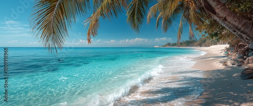 Tropical Beach Scene With Clear Blue Water and Palm Trees on a Sunny Day