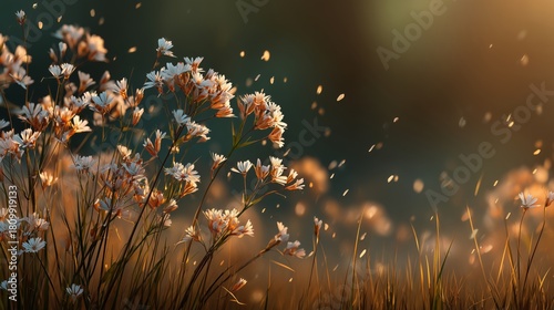 Flowering Wildflowers Sway Gently in Sunlight at Dusk