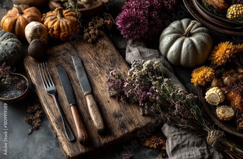 Autumn Harvest Preparation With a Rustic Wooden Cutting Board and Seasonal In...