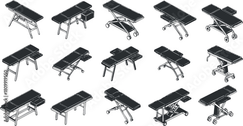 Outline vector illustration set of adjustable medical treatment tables for health and wellness applications