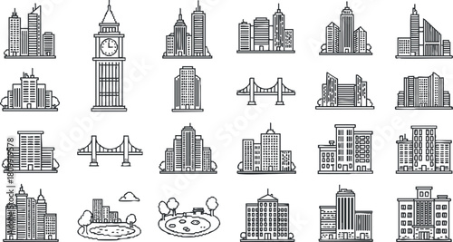 Outline vector icon set featuring various city buildings, skyscrapers, and urban landmarks for architectural design projects