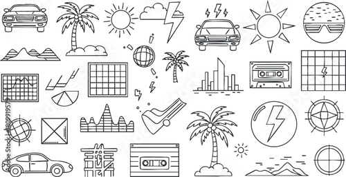 Geometric vector icon collection featuring retro cars, palm trees, sun, mountains, lightning, and cassette tapes for various design projects