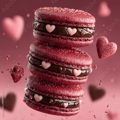 Sweet Red Macarons Stacked With Heart Shaped Decorations for Dessert Lovers