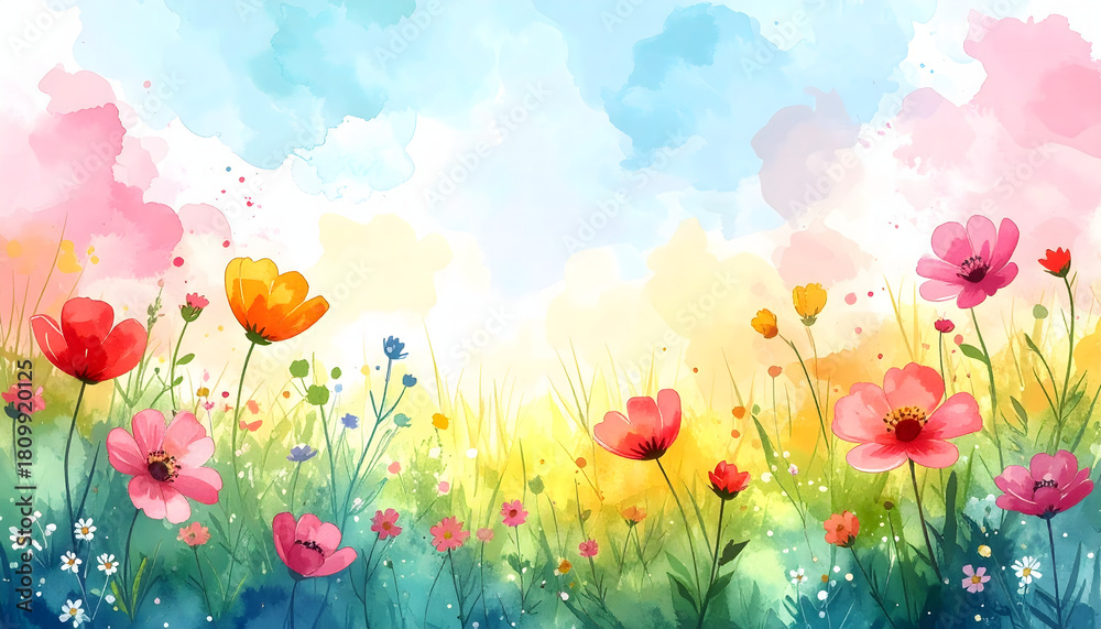 Fototapeta premium Colorful watercolor flowers in spring field