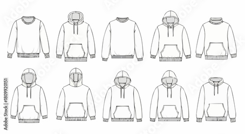 Collection of various outline hoodie and sweatshirt designs for fashion illustration.