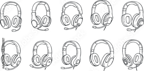 Outline vector illustration collection of various headphone designs suitable for technology and audio-related projects