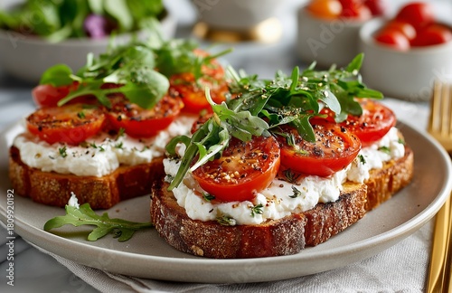 Enjoying a Fresh Tomato Salad on Toasted Bread With Herbs in a Cozy Dining Se...