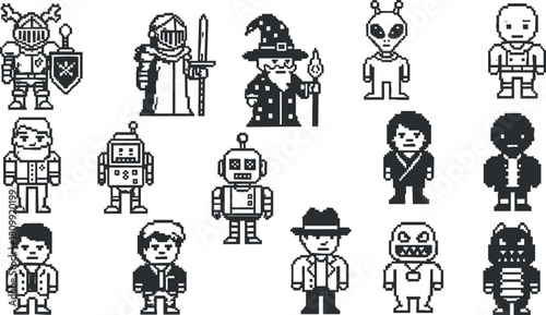 Pixel art collection featuring diverse characters including robots, wizards, knights, and aliens for gaming and design projects