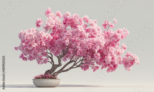 Beautiful Pink Flowering Bonsai Tree in a Simple Pot Showcased Indoors