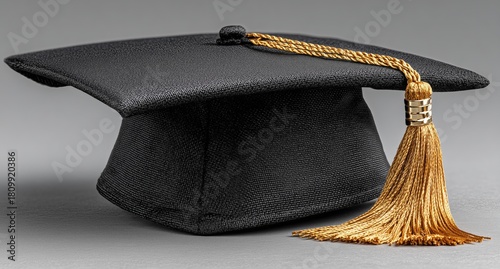 Graduation Cap With a Gold Tassel Resting on a Simple Gray Background