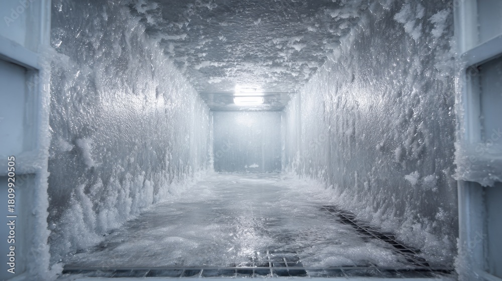 Obraz premium A frozen storage unit shows thick ice on the walls and water pooling on the floor highlighting the refrigeration environment. The cool lighting adds to the atmosphere of cold storage.
