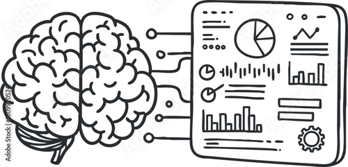 Creative vector illustration of a brain connected to data analytics, showcasing charts and graphs for technology and innovation themes
